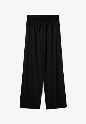 Black wide-leg pants made from lightweight fabric, featuring an elastic waistband with a drawstring for adjustable fit. Smooth texture.