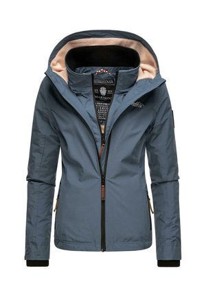 Sininen hupullinen ulkotakki mustilla sisävarmuilla, vetoketju edessä, vetoketjulliset sivutaskut ja beige fleecevuori hupussa.