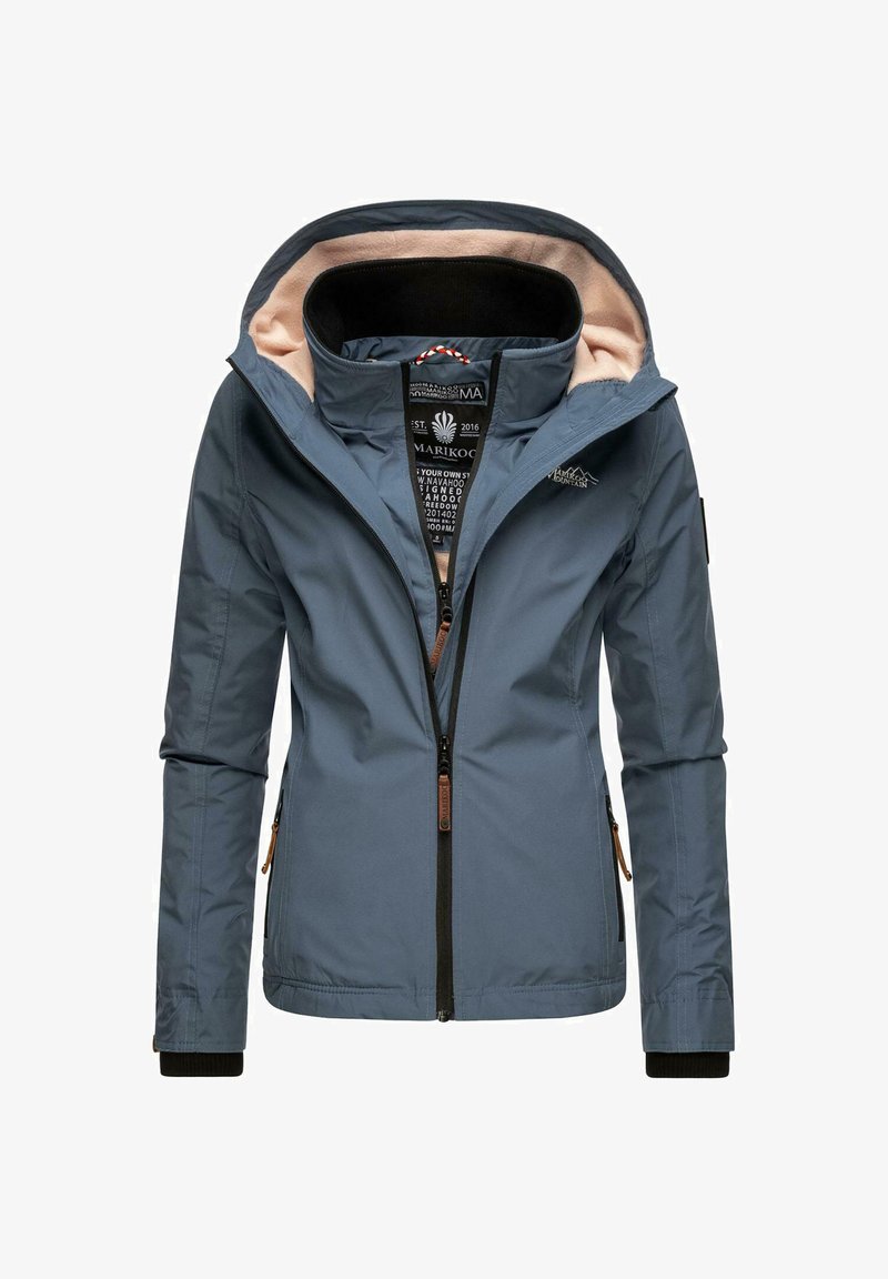 Blaue Outdoor-Jacke mit Kapuze, schwarzen inneren Bündchen, Frontreißverschluss, seitlichen Reißverschlusstaschen und beigem Fleecefutter in der Kapuze.