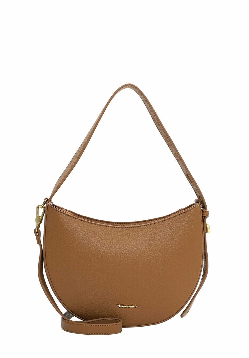 Brūna plecu soma no graudainas ādas ar izliekta dizaina, zelta toņa metāla detaļām un noņemamu siksnu daudzveidībai.