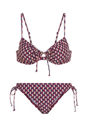 Ensemble de bikini à motifs avec un fond sombre et des formes géométriques en rose, crème et marine. Bretelles réglables et liens sur les côtés du bas.