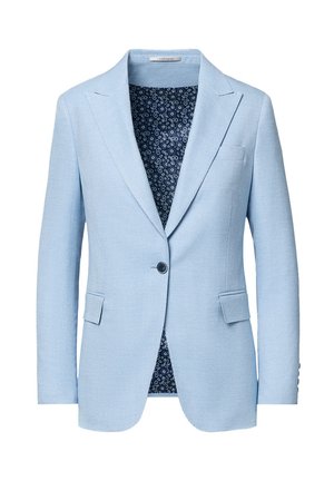 Jasnoniebieska marynarka na jeden guzik z klapami z wycięciem, kieszeniami z patkami oraz granatową, kwiatową podszewką.
