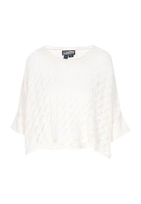 Maglione bianco corto con un motivo in pizzo lavorato a maglia, maniche corte svasate e scollatura rotonda. Tessuto morbido con una sensazione leggera.