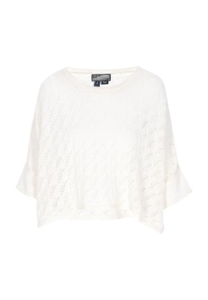 Balts īsais džemperis ar adītu mežģīņu rakstu, īsām izplūdušām piedurknēm un apaļu apkakli. Mīksta tekstūra ar vieglu sajūtu.