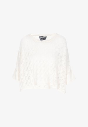 Valge lühikeste varrukatega kerge kudumise pitsimustri ja ümmarguse kaelusega lühike sviiter. Pehme tekstuur ja kerguse tunne.