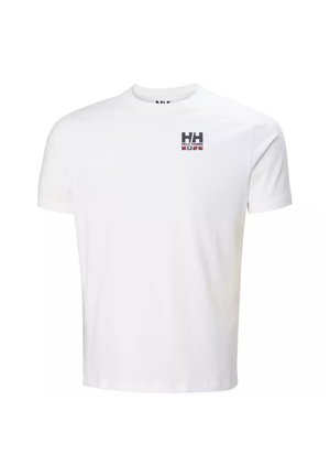 T-shirt blanc à manches courtes et col rond avec petit logo Helly Hansen noir et rouge sur le côté gauche de la poitrine.