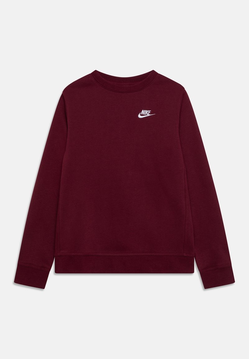 Sweat-shirt Nike bordeaux à manches longues avec col rond et petit logo blanc Nike sur le côté gauche de la poitrine sur un fond uni.