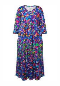 Vestido morado con mangas tres cuartos, que presenta un vibrante patrón circular multicolor. Diseño de escote en V con cintura fruncida para mayor comodidad de movimiento.
