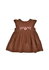 Braunes Kordkleid mit kurzen puffärmel, mit Blumen- und Eulenstickerei auf dem Oberteil und einem plissierten Rock.