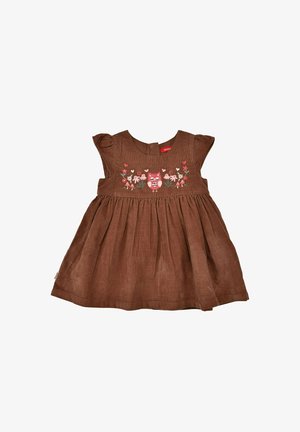 Braunes Kordkleid mit kurzen puffärmel, mit Blumen- und Eulenstickerei auf dem Oberteil und einem plissierten Rock.
