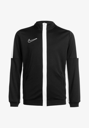 Black athletic jacket with a high collar, white zip closure, and contrasting white stripes on the shoulders. Features side pockets.