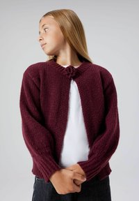 Bordo adīta džemperis ar garām piedurknēm, ar teksturētu audumu un zieda formas aizdares pogu pie kakla, uzvilkts virs baltas krekla.