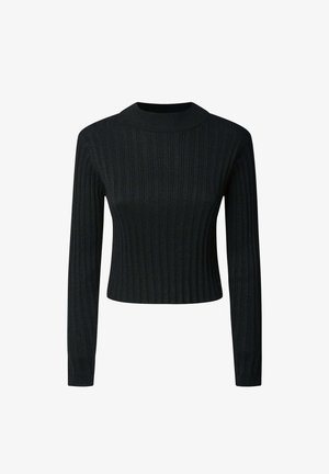 Schwarzer, gerippter Pullover mit langen Ärmeln und hohem Kragen. Enganliegendes und kurzes Design aus einem weichen, strukturierten Stoff.