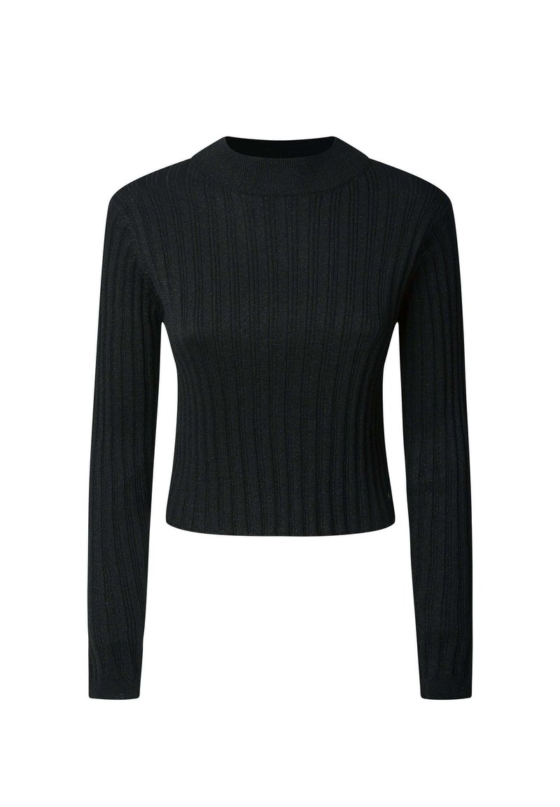 Maglione nero a costine con maniche lunghe e scollatura alta. Design aderente e corto, realizzato in un tessuto morbido e texturizzato.