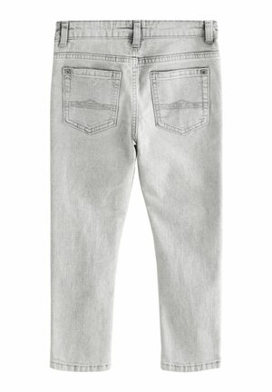 Jeans in denim grigio con una texture liscia, dotati di due tasche posteriori, design a gamba dritta e dettagli di cucitura sottili.