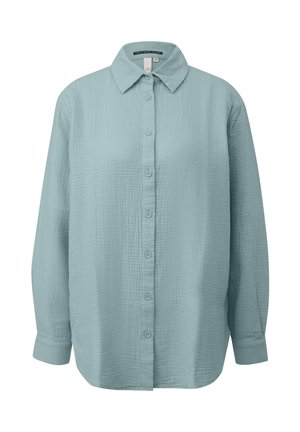 Lichtblauw textuuroverhemd met lange mouwen, knoopsluiting, klassieke kraag en manchetten, weergegeven op een witte achtergrond.
