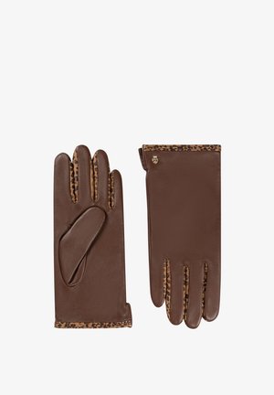 Brown leather gloves with leopard-print trim along fingers and cuffs, shown flat with one glove palm up and one palm down.