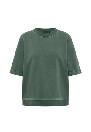 Sweat-shirt vert à manches courtes avec col rond, col, poignets de manches et ourlet côtelés, présenté sur un fond blanc.