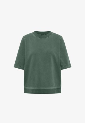 Felpa verde a maniche corte con scollo tondo, collo, polsini delle maniche e orlo a costine, mostrata su sfondo bianco.