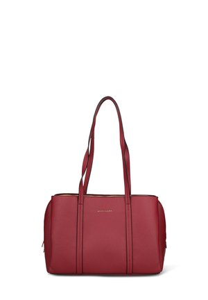 Borsa tote in pelle rossa con due manici lunghi, chiusura con cerniera e dettagli in metallo dorato. Tessitura liscia e design strutturato.