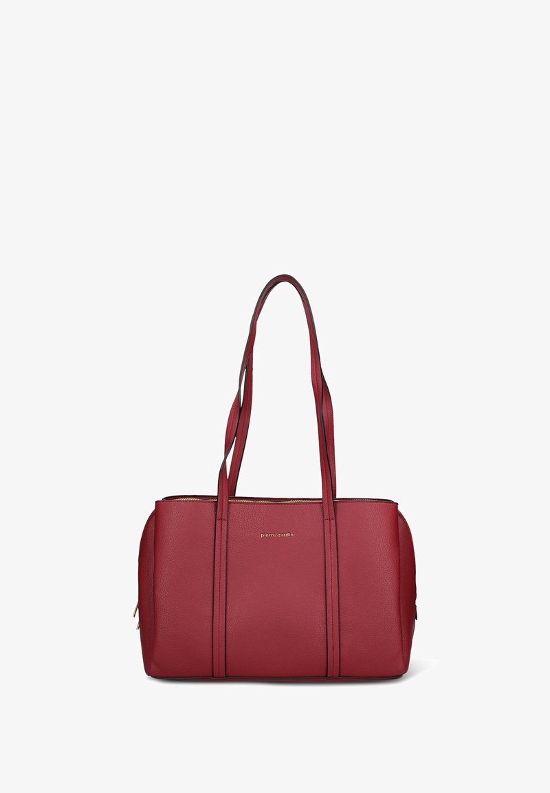 Rode leren shopper met twee lange handvatten, ritssluiting en gouden sieradenaccenten. Gladde textuur en gestructureerd ontwerp.