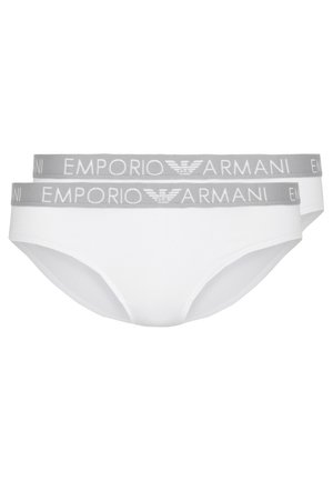 White cotton briefs with a smooth finish. Grey elastic waistband featuring "EMPORIO ARMANI" logo in white,  minimalist design. Two-pack set.