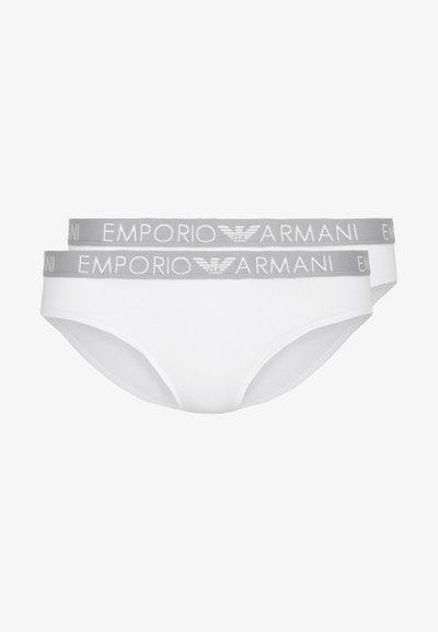 Cuecas brancas em algodão com um acabamento suave. Cintura elástica cinza com o logótipo "EMPORIO ARMANI" em branco, design minimalista. Conjunto de dois.