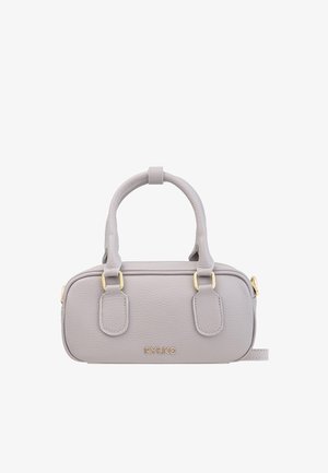 Jasnoszara skórzana torebka na ramię z podwójnymi krótkimi uchwytami, złotym okuciem i prostokątnym kształtem, wyposażona w zamek błyskawiczny oraz logo marki.