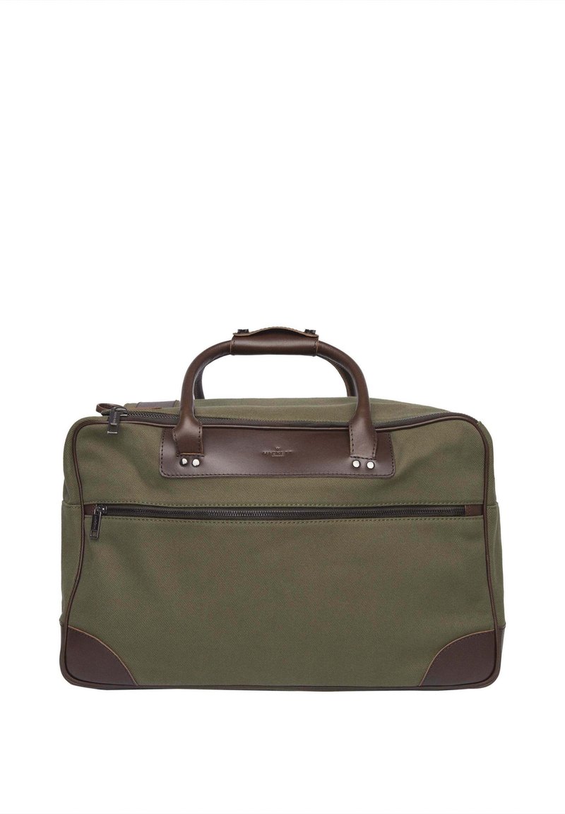 Olivovo zelená plátená taška s hnedými koženými detailmi, predná kapsa na zips, dvojité kožené rukoväte a obdĺžnikový tvar.
