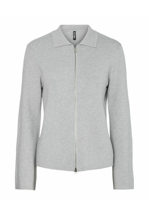 Ljusgrå cardigan med dragkedja, krage, långa ärmar och en slät stickad textur. Har en dragkedjeförslutning fram och en minimalistisk design.