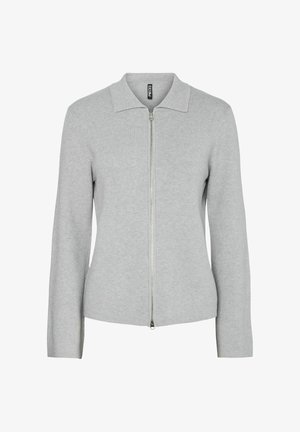 Ljusgrå cardigan med dragkedja, krage, långa ärmar och en slät stickad textur. Har en dragkedjeförslutning fram och en minimalistisk design.