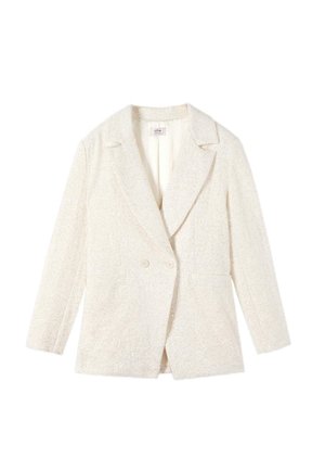Cream-colored textured blazer with long sleeves, notch lapels, two front buttons, and two front pockets, laid flat on a white background.