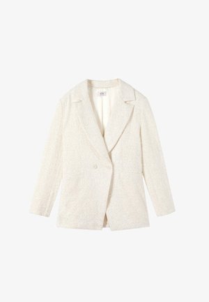 Kremowa, teksturowana marynarka z długimi rękawami, klapami z wycięciem, dwoma przednimi guzikami i dwoma przednimi kieszeniami, ułożona płasko na białym tle.