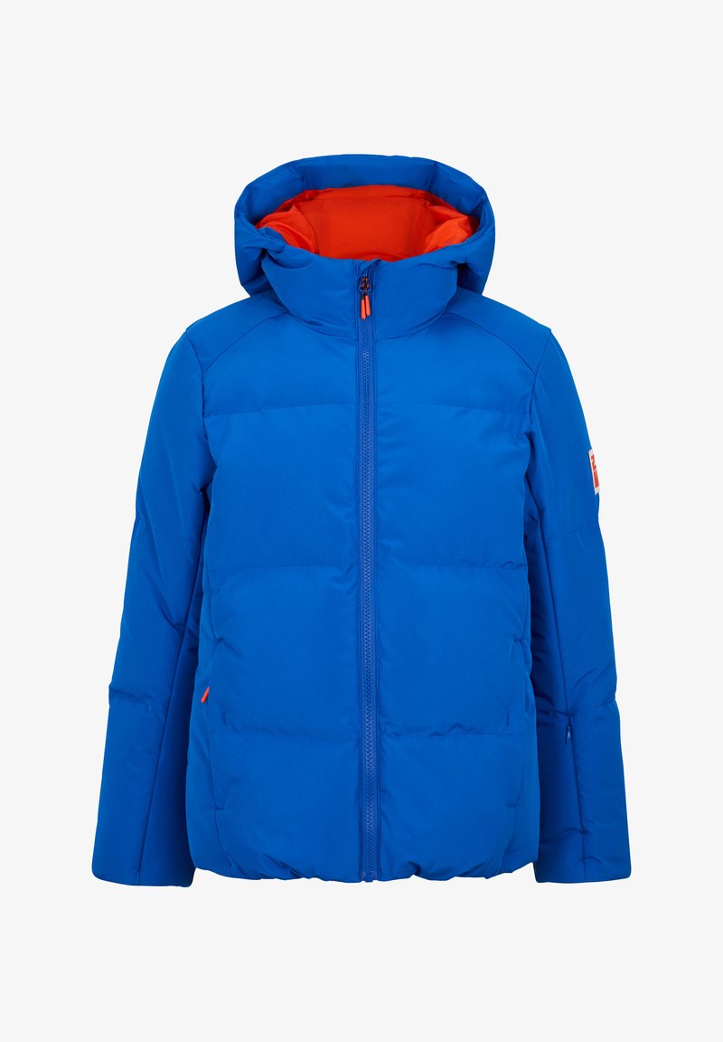 Giacca invernale blu imbottita con cappuccio, zip frontale e rivestimento arancione all'interno del cappuccio.