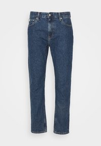 Blå denimjeans med raka ben. Har dragkedja, fem fickor och synlig söm längs sömmarna. Klassisk design.