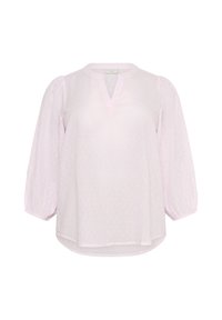 Jasnoróżowa bluzka o luźnym kroju, z długimi bufkami i małym dekoltem w kształcie litery V. Wykonana z miękkiego materiału o kropeczkowanej fakturze.