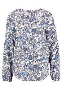 Blouse à manches longues en blanc avec un motif paisley bleu complexe. Présente un décolleté en V et un plastron à boutons. Tissu léger avec une texture douce.