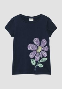 Marineblaue Baumwoll-T-Shirt mit kurzen Ärmeln, das ein großes lila Paillettenblumenmuster und grüne Blätter auf der Vorderseite zeigt.