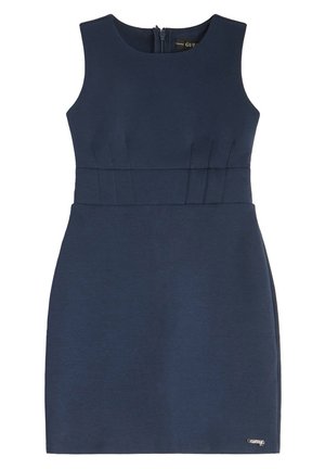 Mørkeblå, ærmeløs kjole med tilpasset liv og diskrete læg ved taljen, der har en lynlås bagpå og en lille metal logoaccent.
