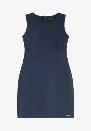Robe sans manches bleu marine avec un corsage ajusté et de légers plis à la taille, dotée d'une fermeture éclair à l'arrière et d'un petit logo métallique en accent.