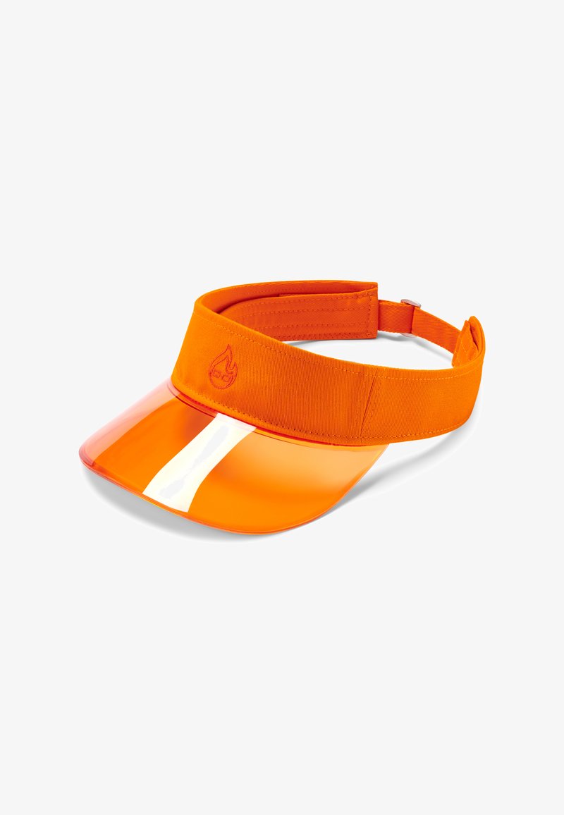 Narancssárga napernyő sapka puha szövetpánttal és áttetsző narancssárga műanyag széles peremmel, fehér díszcsíkkal és lánglogó részlettel.