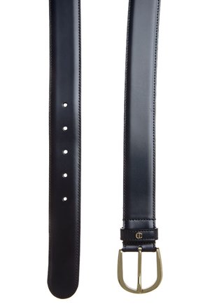 Black leather belt with a smooth texture, featuring a gold-tone rectangular buckle and five adjustment holes along the strap.