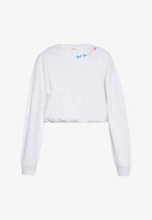Hvid cropped sweatshirt med lange ærmer, der har en rund halsudskæring og flerfarvet broderet tekst foran. Blød stofstruktur.