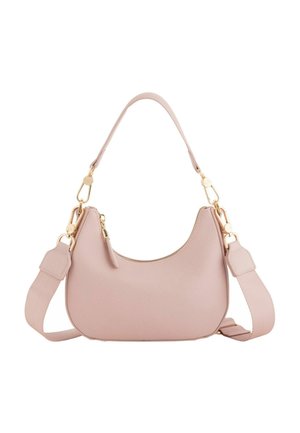 Hellrosa, halbmondförmige Handtasche mit goldfarbenen Beschlägen, abnehmbarem Schulterriemen und Tragegriff, strukturierte Lederoberfläche, Reißverschluss oben.