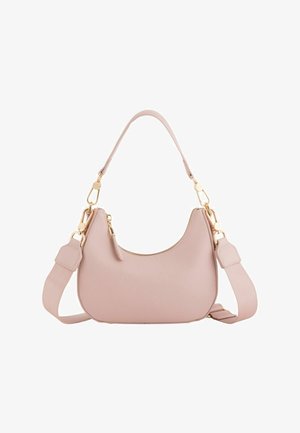 Hellrosa, halbmondförmige Handtasche mit goldfarbenen Beschlägen, abnehmbarem Schulterriemen und Tragegriff, strukturierte Lederoberfläche, Reißverschluss oben.