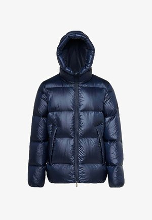 Giacca a piumino blu navy con cappuccio, caratterizzata da una finitura lucida, design trapuntato e cerniera frontale. Include due tasche laterali e un colletto alto.