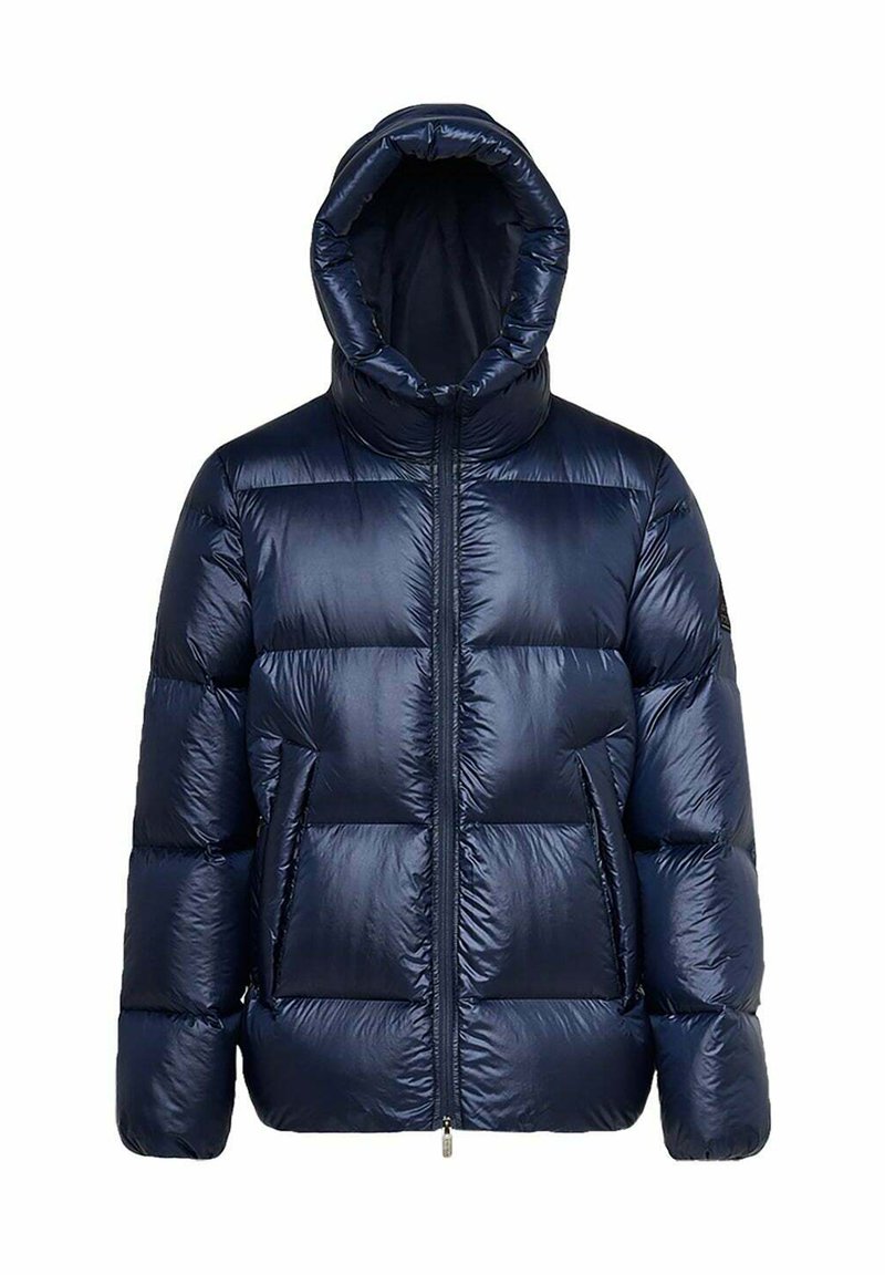 Giacca a piumino blu navy con cappuccio, caratterizzata da una finitura lucida, design trapuntato e cerniera frontale. Include due tasche laterali e un colletto alto.