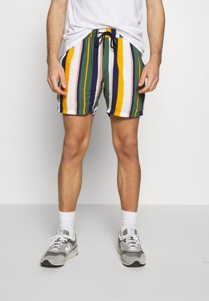 Striped swim shorts featuring vertical patterns in green, yellow, purple, and white. Lightweight material with an elastic waistband and drawstring.