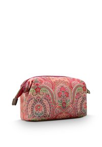 Patroon make-up tas met een roze stof met bloemen- en paisleypatronen, ronde vorm en een ritssluiting met een bruine accent.