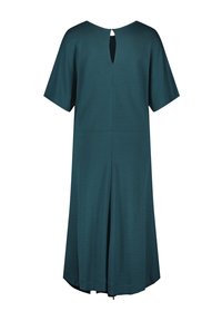 Robe teal à manches courtes avec une coupe décontractée, dotée d'une ouverture en forme de clé au dos, d'un ourlet au genou et d'une texture lisse.